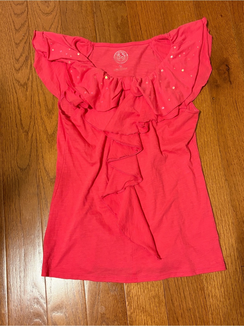SO pink salmon ruffle, bow and sequined girls blouse